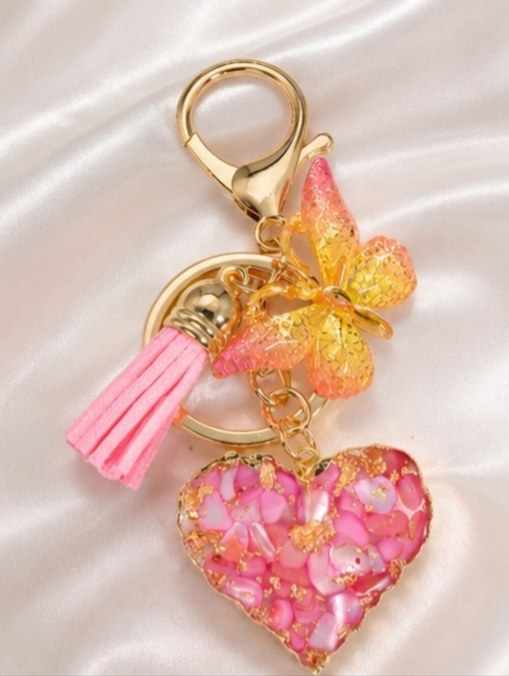 Pink Heart Butterfly Keychain Bag Charm Tassel Gold Tone New